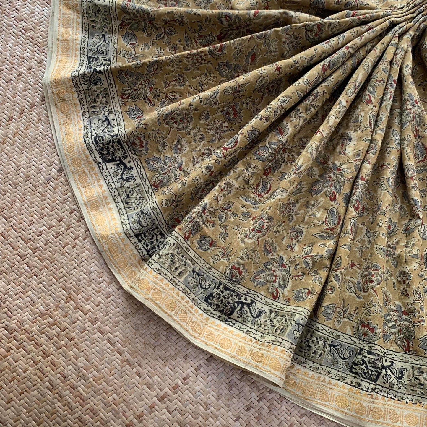 Mustard , Kalamkari Hand Block Printed On Madurai Cotton Saree With Zari