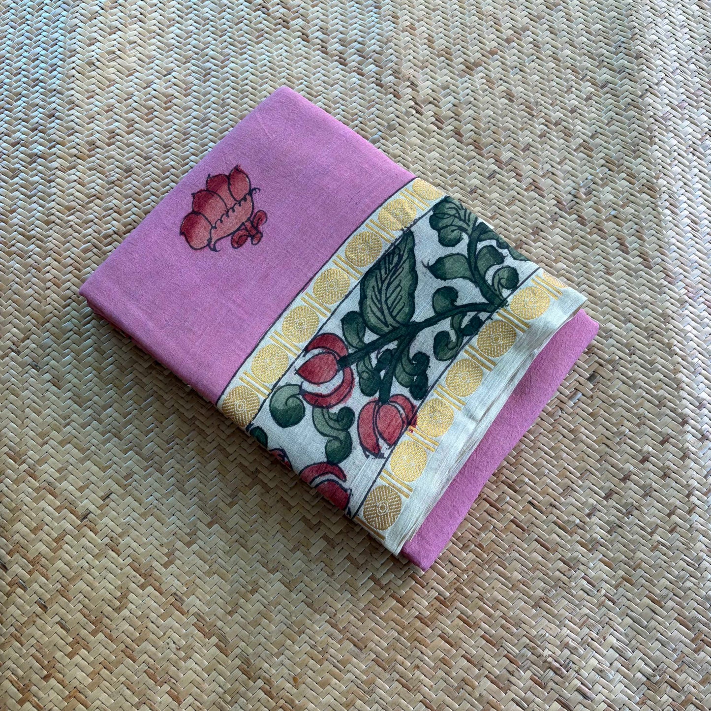 Dusty Pink Kalamkari Hand Painted on Cotton Sungudi Saree With Blouse
