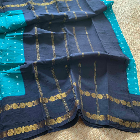 Teal Saree With Navy Border, Hand knotted Sungudi On a Rudraksham Border Cotton saree, Kaikattu Sungadi