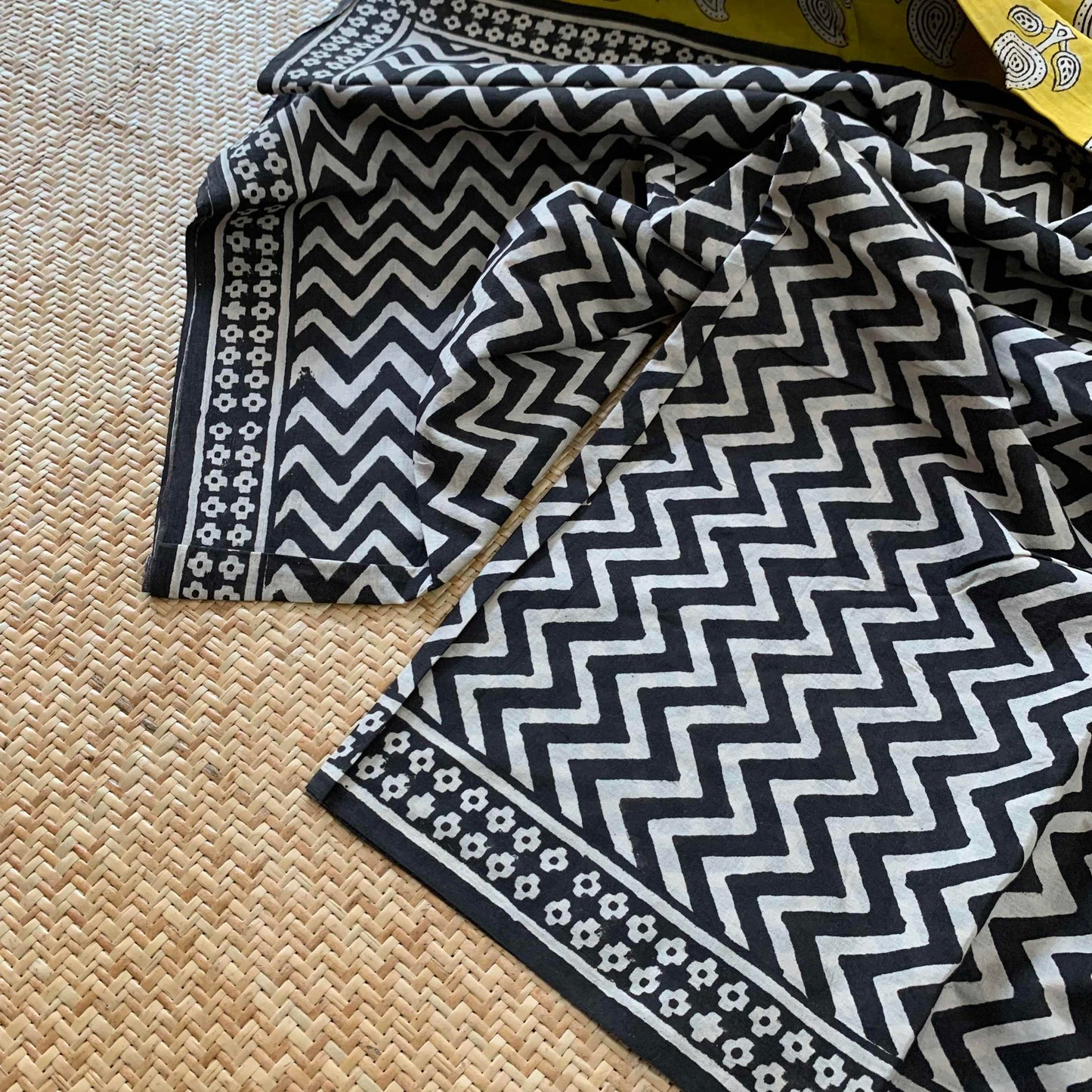 Mul Mul Cotton saree, Bagru Hand Block Printed, Black