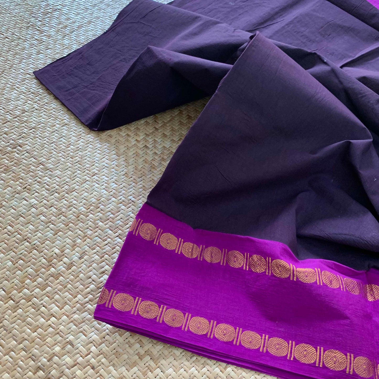 Beetle Nut brown Saree Purple Border, Zari Rudrasham Rettai Pettu Border , Clamp dyed (Kattu sayam).