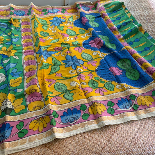 Green Kalamkari Hand Painted on Cotton Sungudi Saree With Blouse