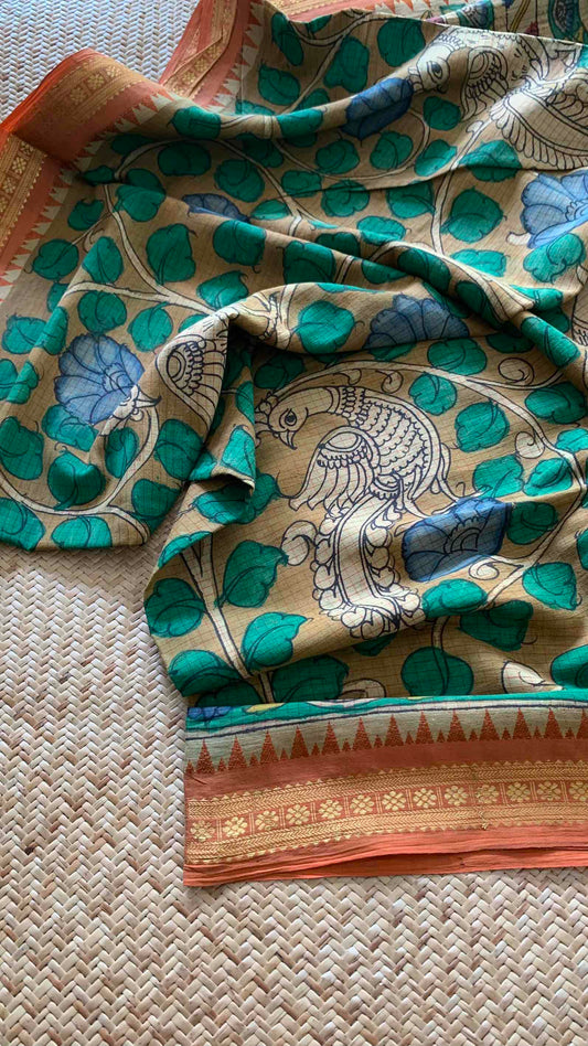Mustard,Kalamkari Hand Painted on Chettinad Cotton saree