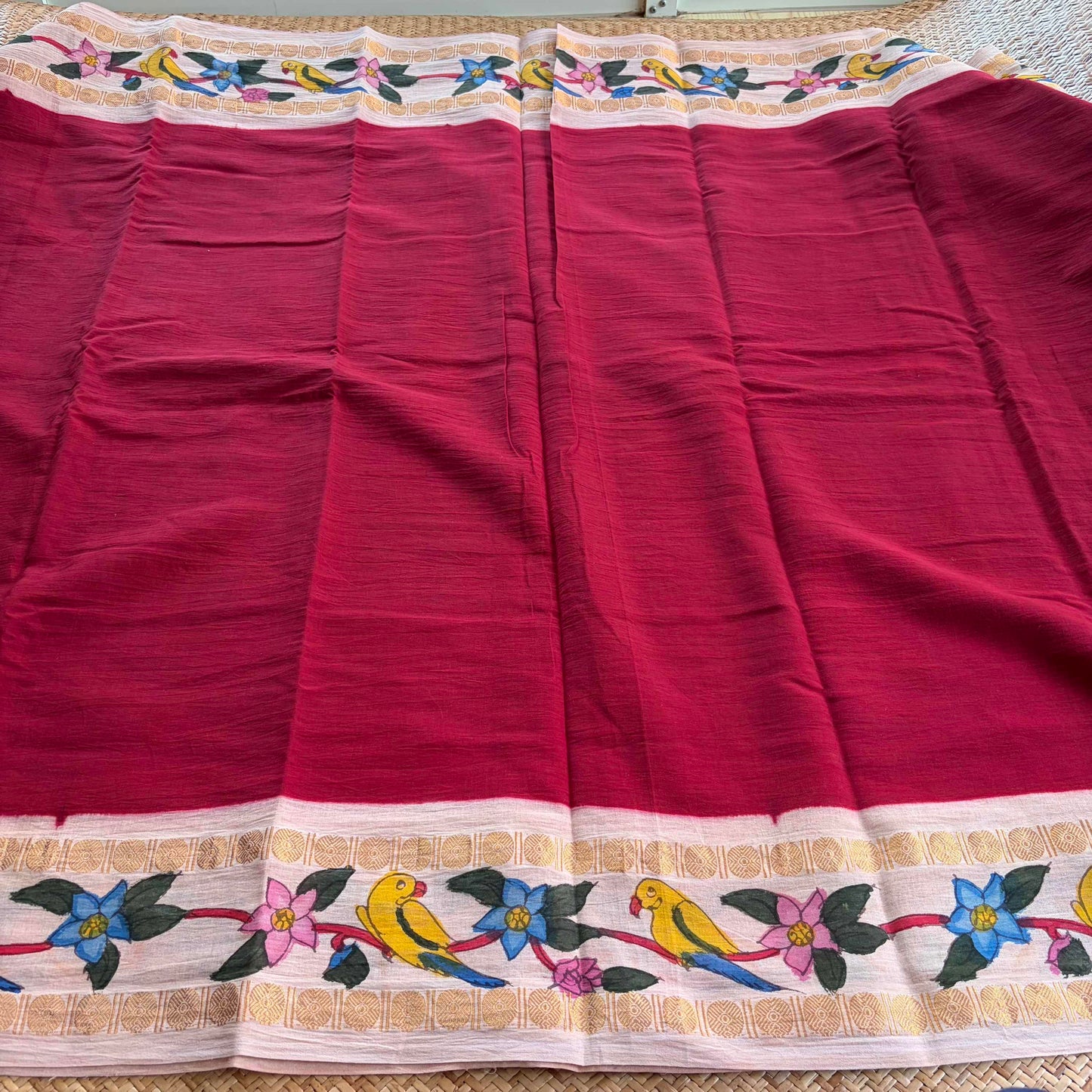 Parrot 🦜 - Kalamkari Hand Painted on a Madurai Sungudi Cotton saree. With Blouse