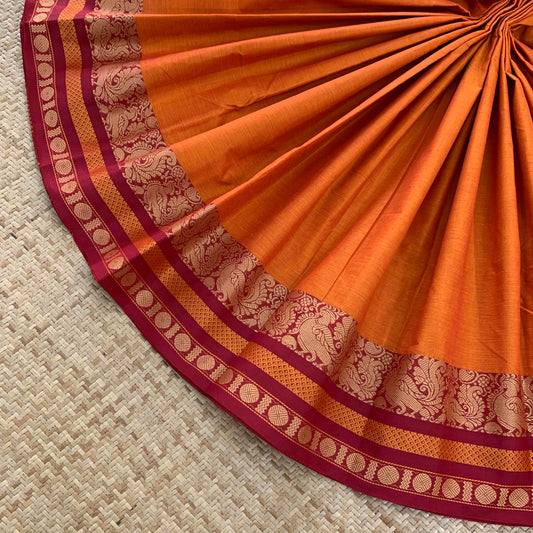 Chettinad Cotton Saree, Orange Saree with Thread Border