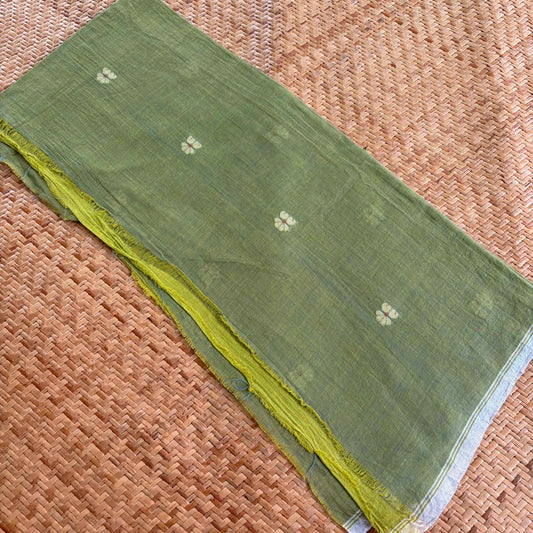 Jamdani Handloom Cotton Running Fabric, Lime Green