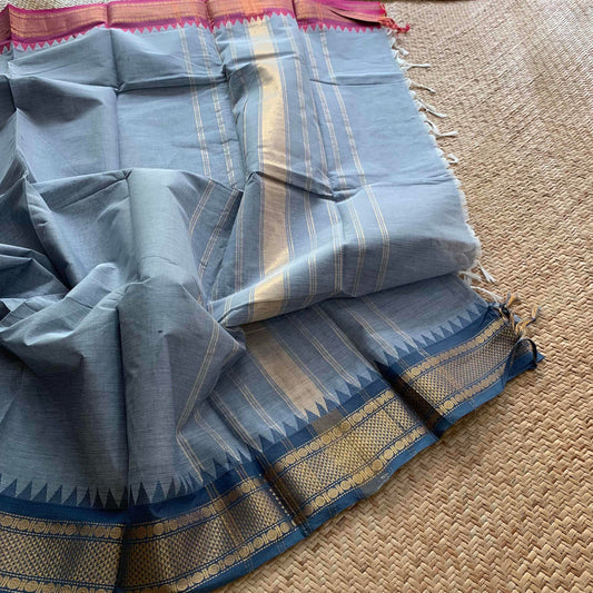 Ice Blue Saree Pink Ganga Jamuna Border, Chettinad cotton saree