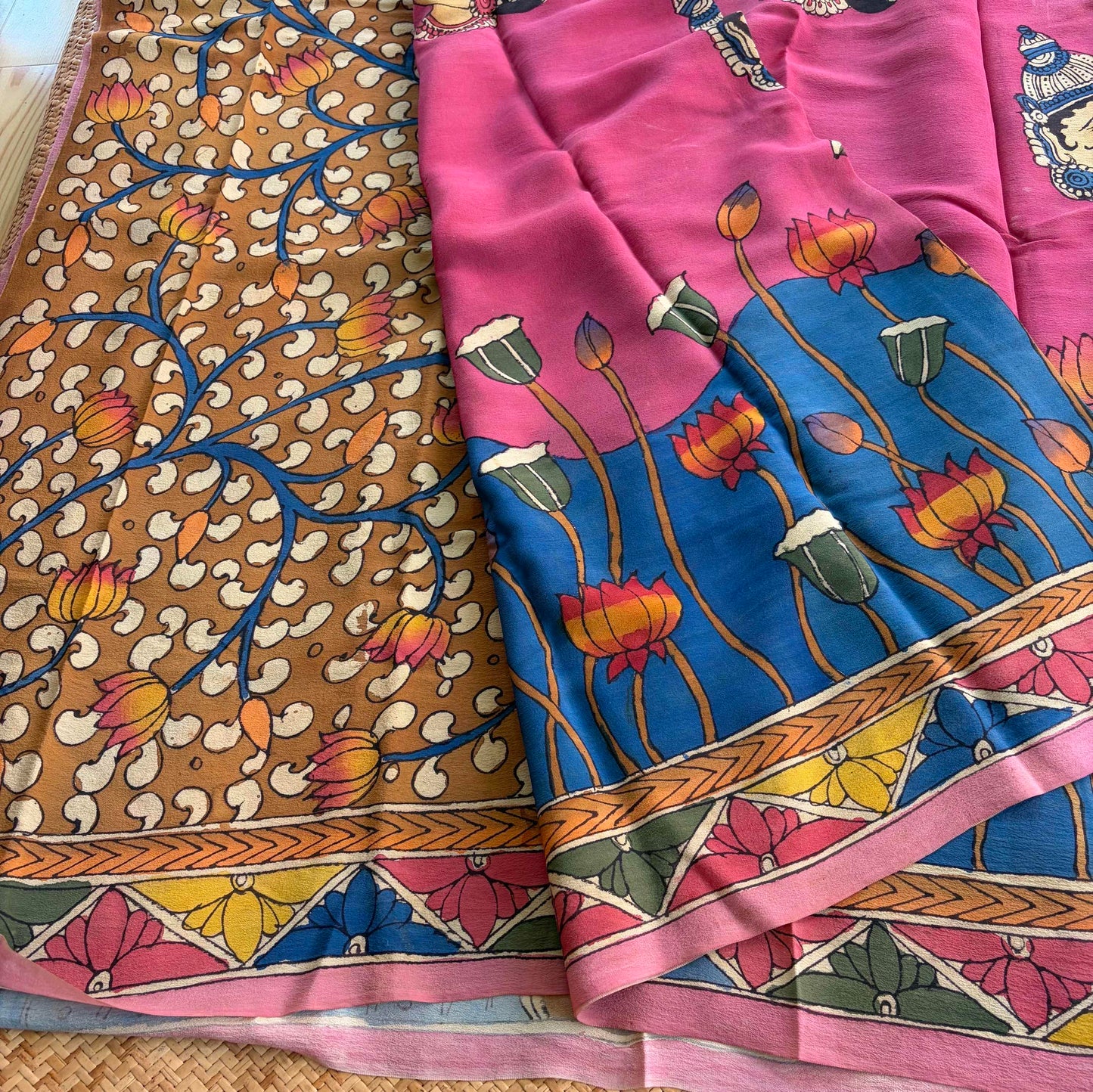 Multicoloured Kalamkari Hand Painted on Crape silk