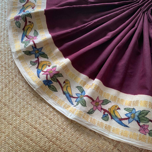 Parrot 🦜 - Kalamkari Hand Painted on a Madurai Sungudi Cotton saree.