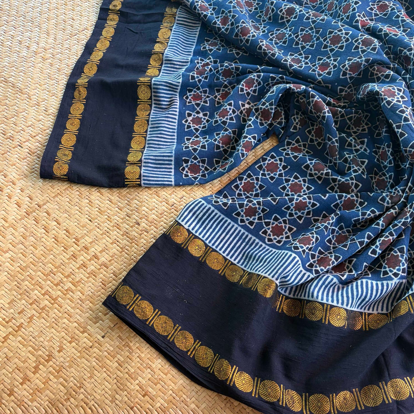 Atoms-Indigo, Ajrak Hand Block Printed On Madurai Cotton Saree With Zari