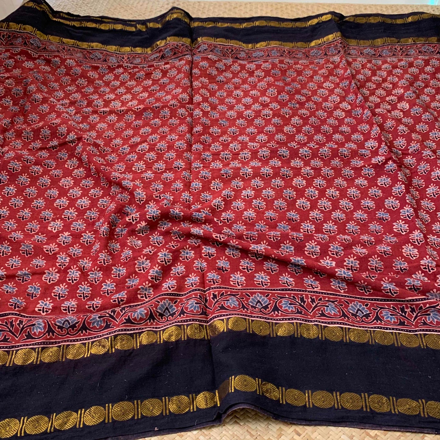Maroon Red, Ajrak Hand Block Printed On Madurai Cotton Saree With Zari