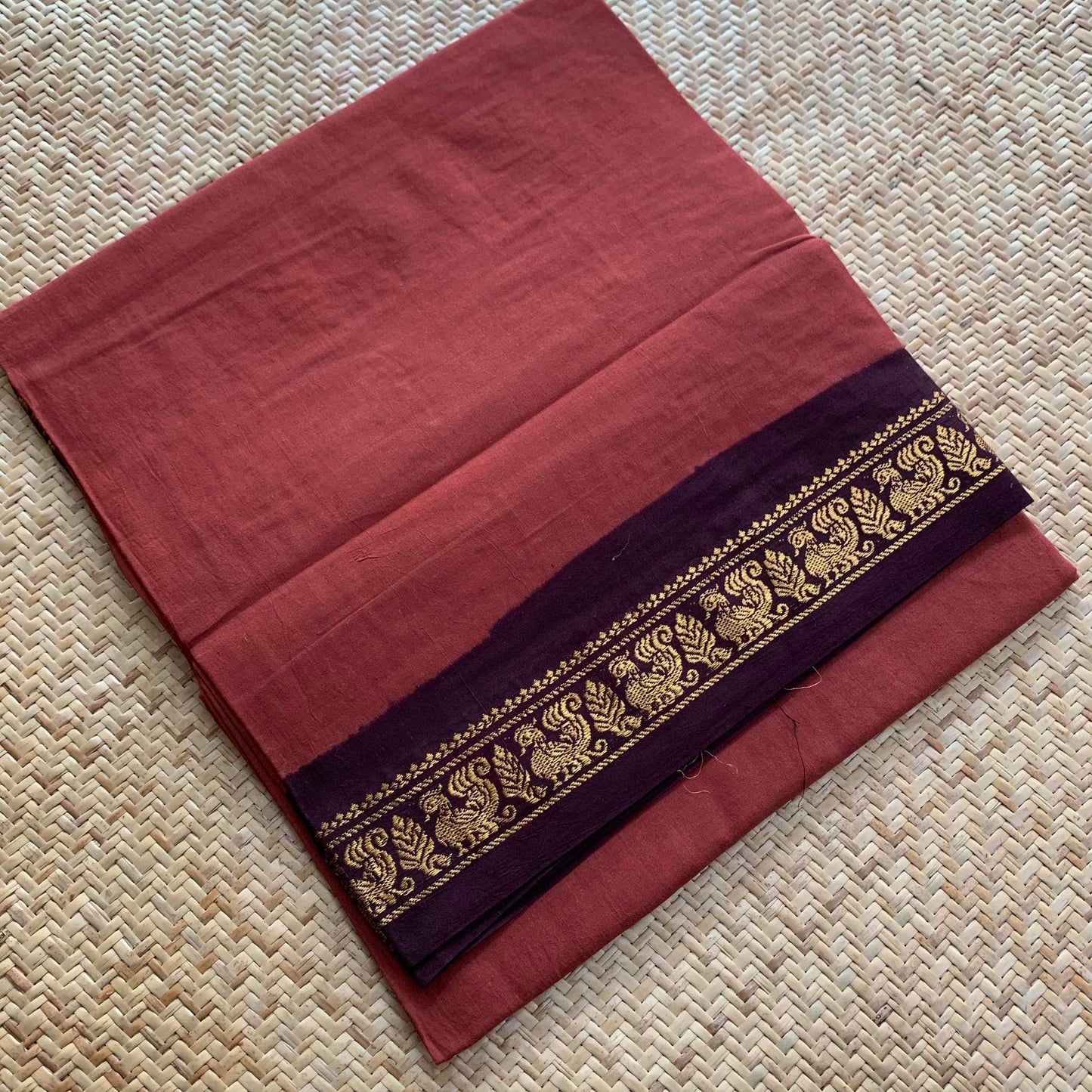 Brown Saree With Beetle Nut Brown Half Fine Zari Border, Clamp dyed (Kattu sayam).