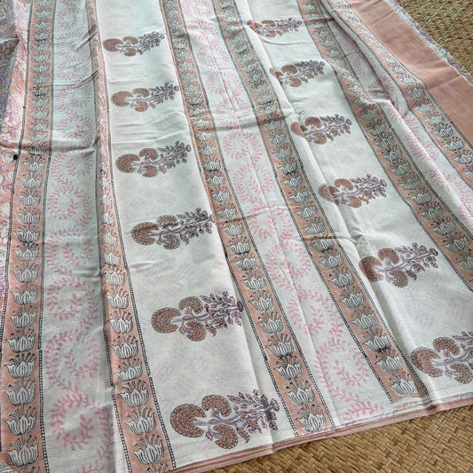 Mul Mul Cotton saree, Hand Block Printed, Pastel Peach