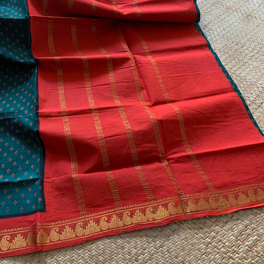 Green With Red Wax Print, Half Fine Zari Premium Sungudi Cotton Sarees