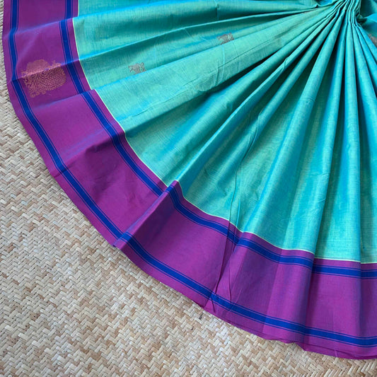 Kanchipuram Cotton Saree, Aqua Blue Double Tone Saree with Purple Border and Grand Pallu with Yazhi Chakkaram Butta