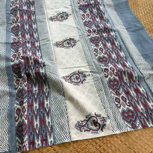 Mul Mul Cotton saree, Hand Block Printed, Grey