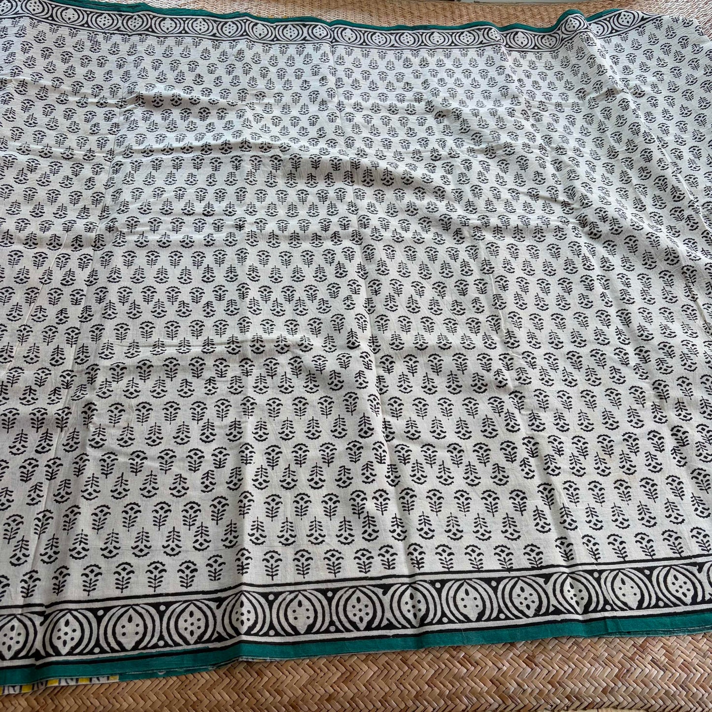 Mul Mul Cotton saree, Hand Block Printed, Beige