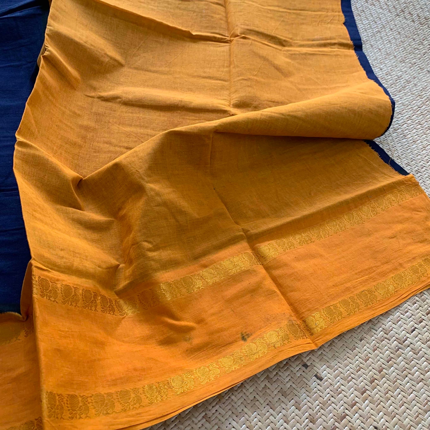 Navy Saree With Yellow Border, Zari Annam Rettai Pettu Border , Clamp dyed (Kattu sayam).