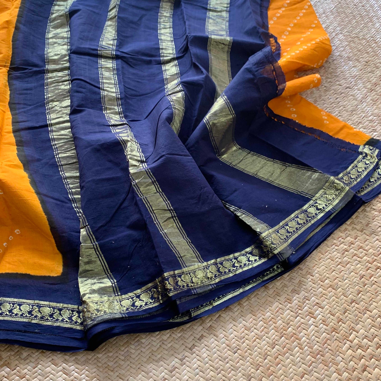 Yellow Saree With Blue Border , Hand knotted Sungudi On a Hand woven Cotton saree, Kaikattu Sungadi