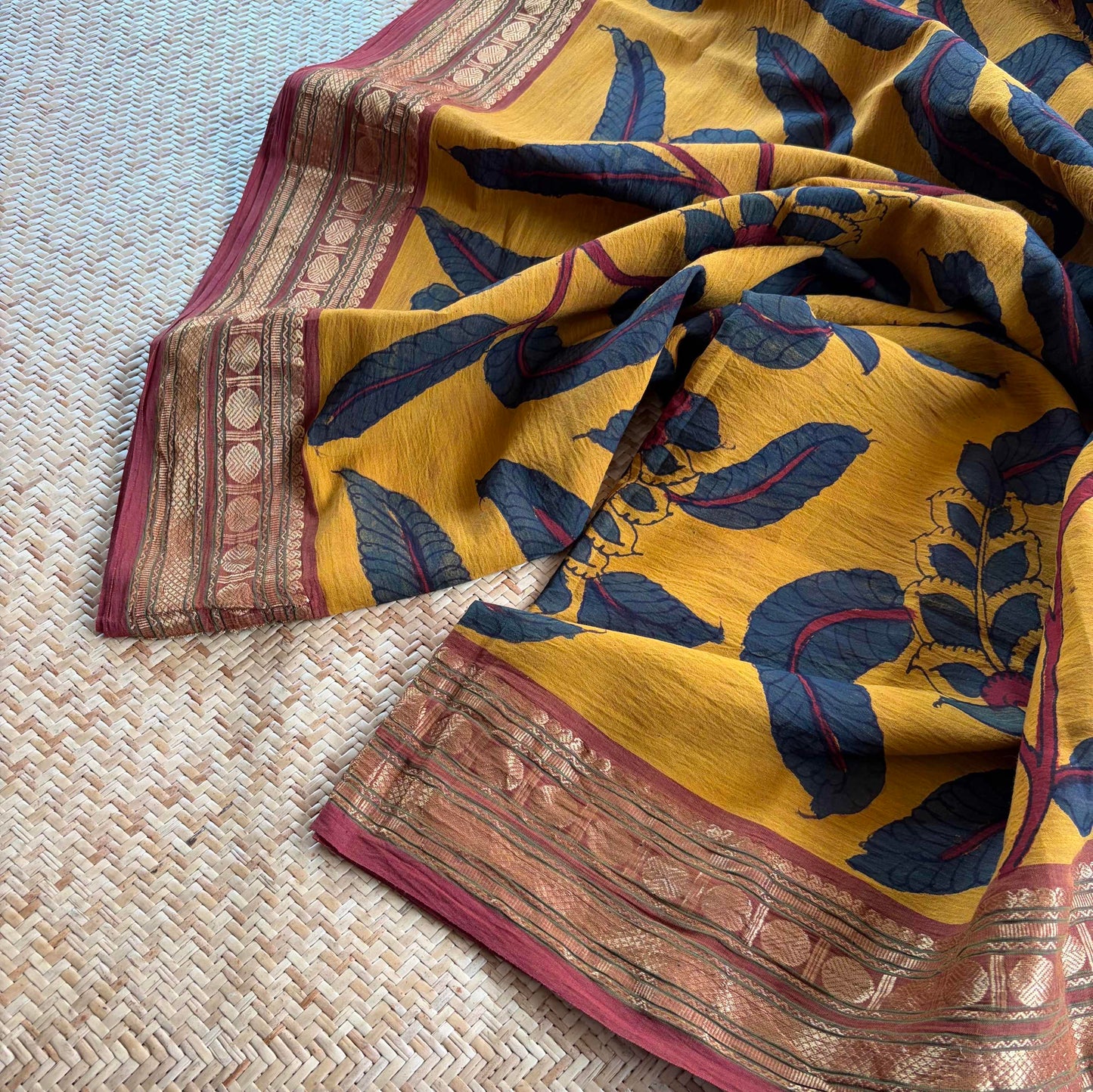 Mustard Kalamkari Hand Painted on Chettinad Cotton saree