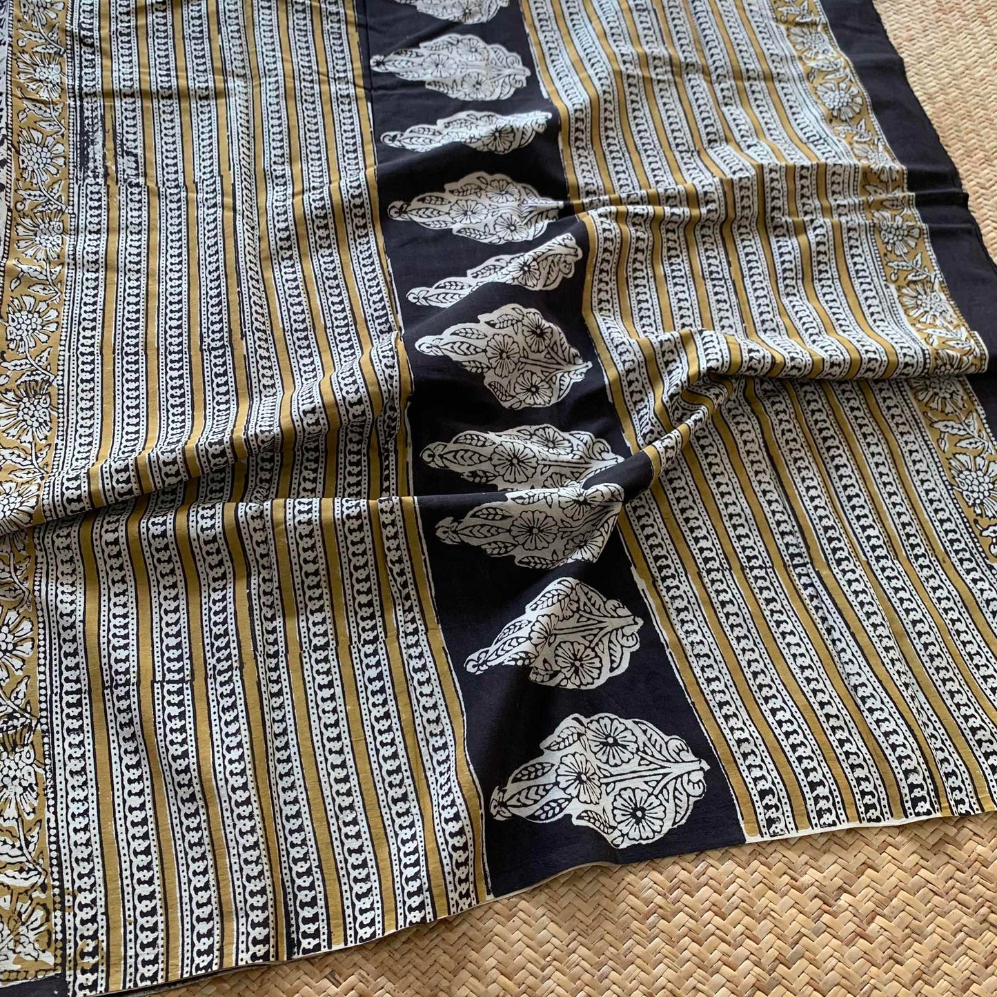 Mul Mul Cotton saree, Hand Block Printed, Black