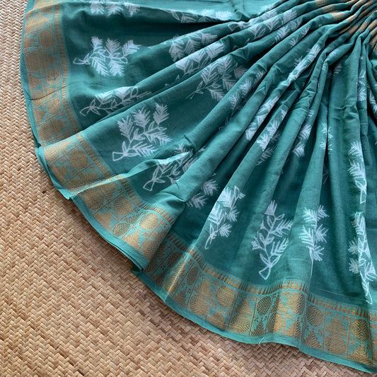 Pastel Sage Green, Hand Crafted Nui Shibori Sungudi Cotton Saree