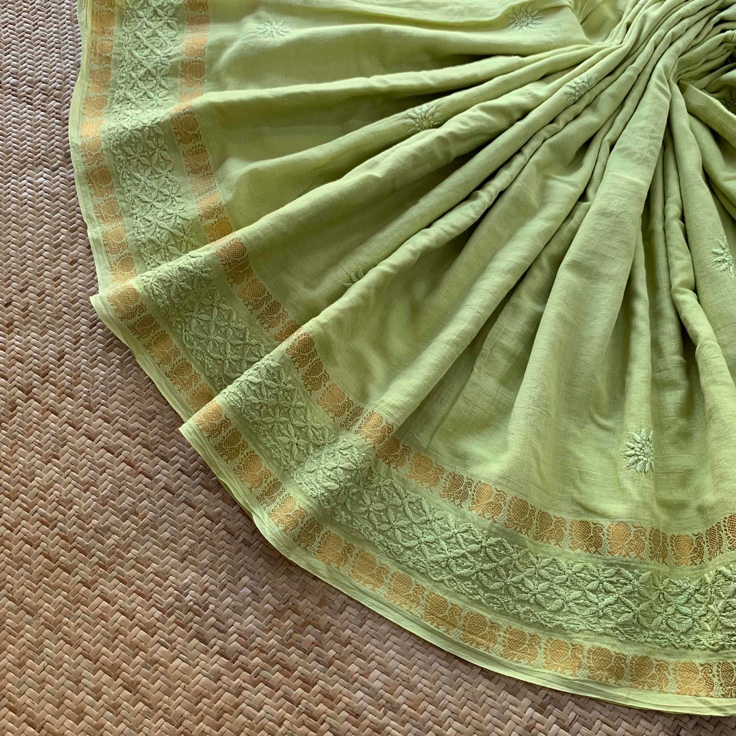 Green Chickankari Hand Embroidery on a Sungudi Cotton Saree