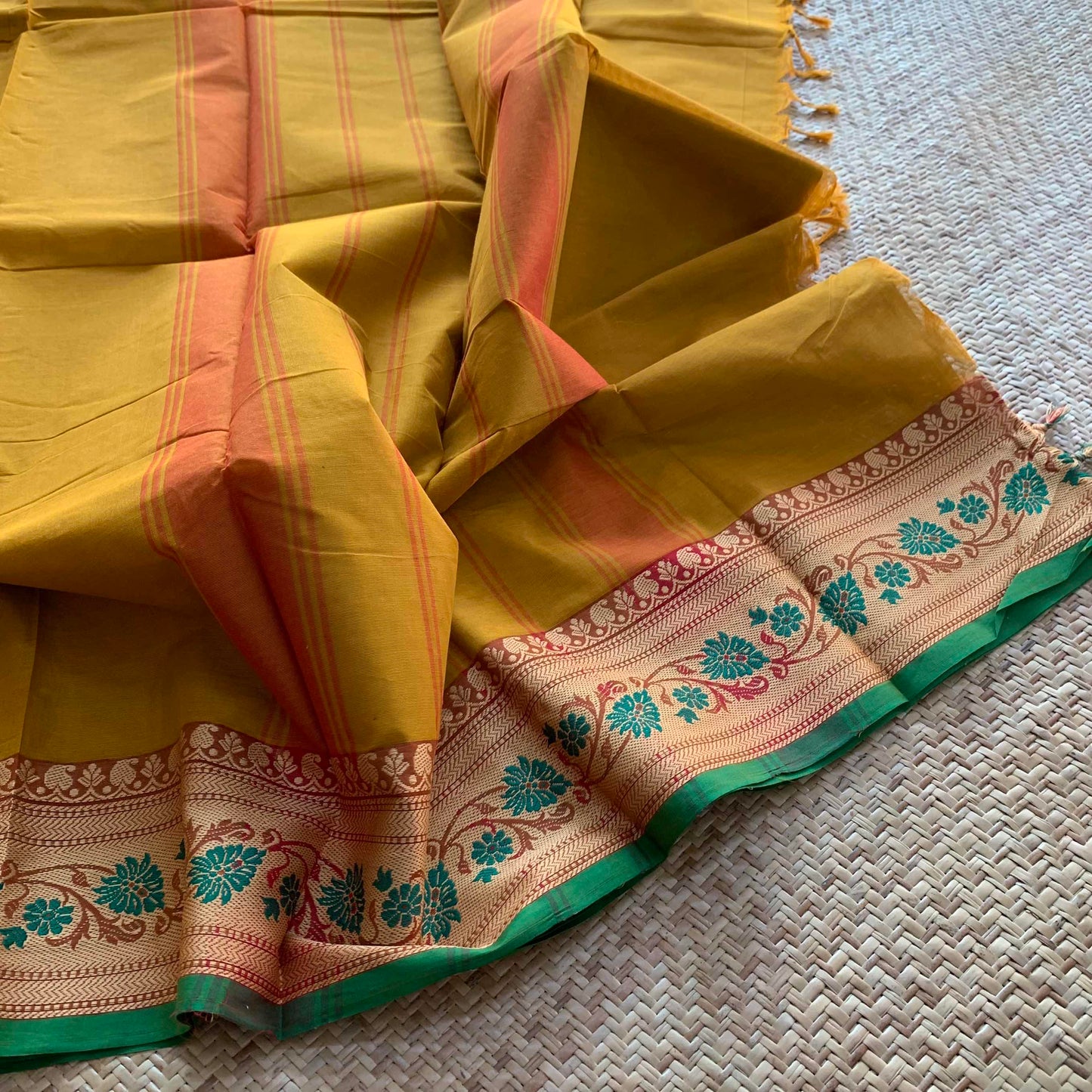 Mustard Saree With Thread Border, Chettinadu Cotton Saree