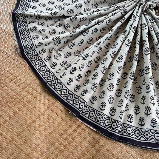 Mul Mul Cotton saree, Hand Block Printed, Cream