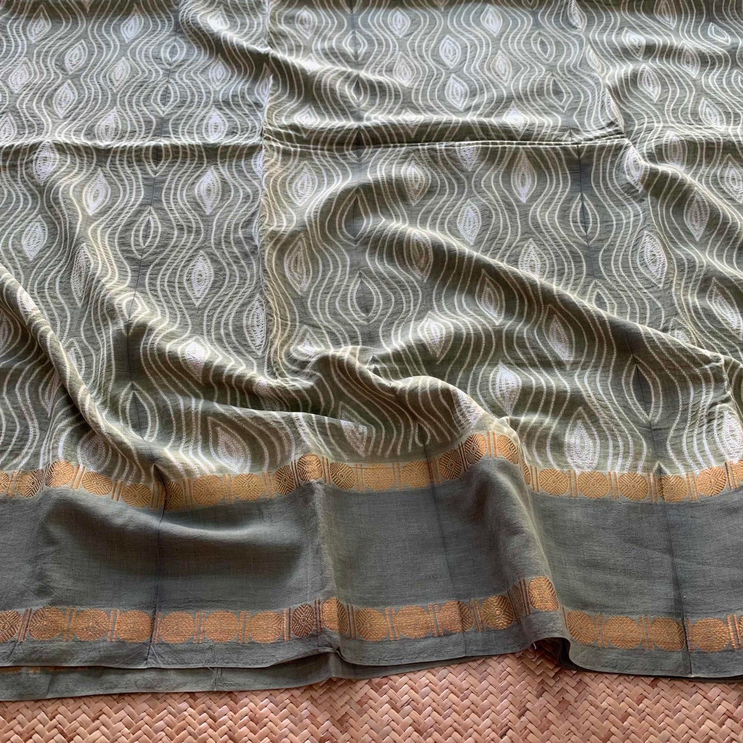 Wood Grain - Sage Green, Hand Crafted Shibori Sungudi Cotton Saree