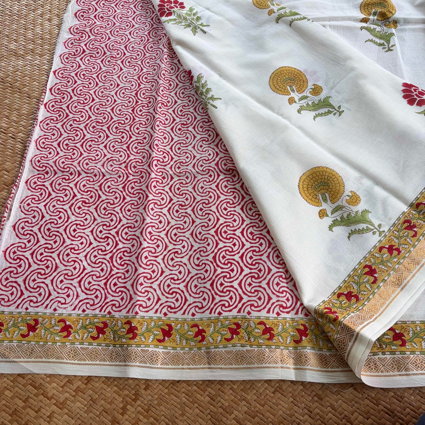 White, Jaipur Hand Block Printed On Madurai Cotton Saree With Zari