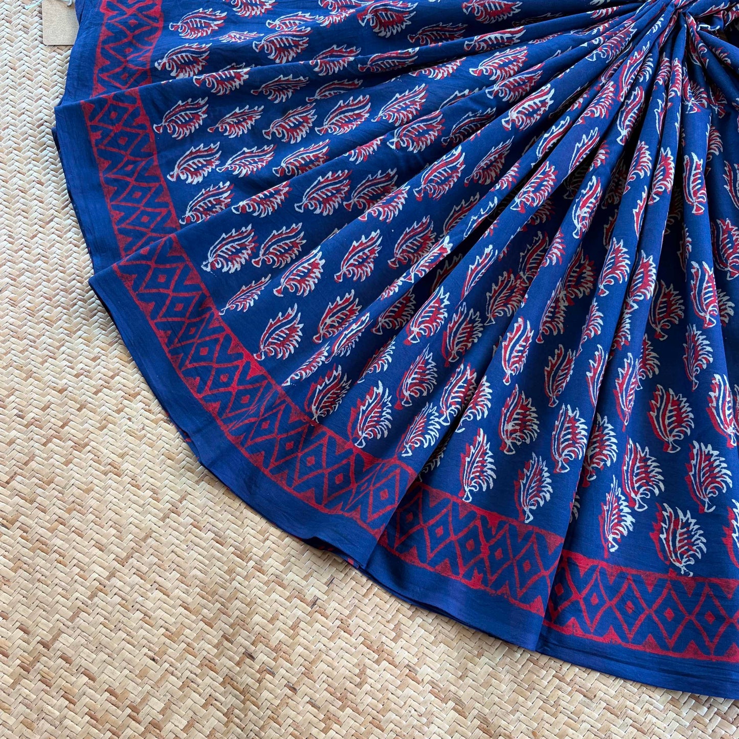 Mul Mul Cotton saree, Hand Block Printed, Blue