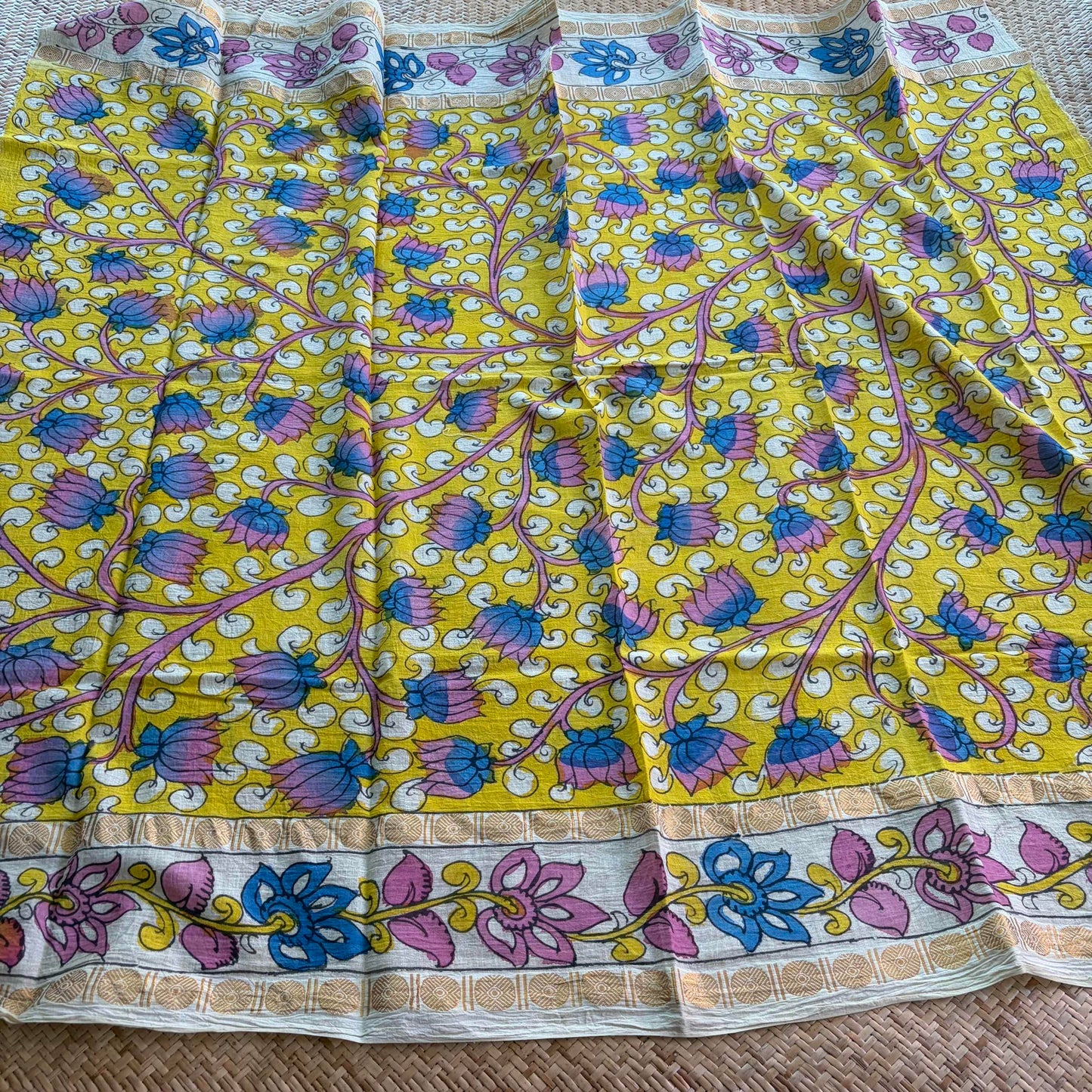 Yellow Floral, Kalamkari Hand Painted on a Madurai Sungudi Cotton 1.20 METER FABRIC