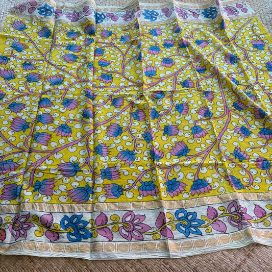 Yellow Floral, Kalamkari Hand Painted on a Madurai Sungudi Cotton 1.20 METER FABRIC