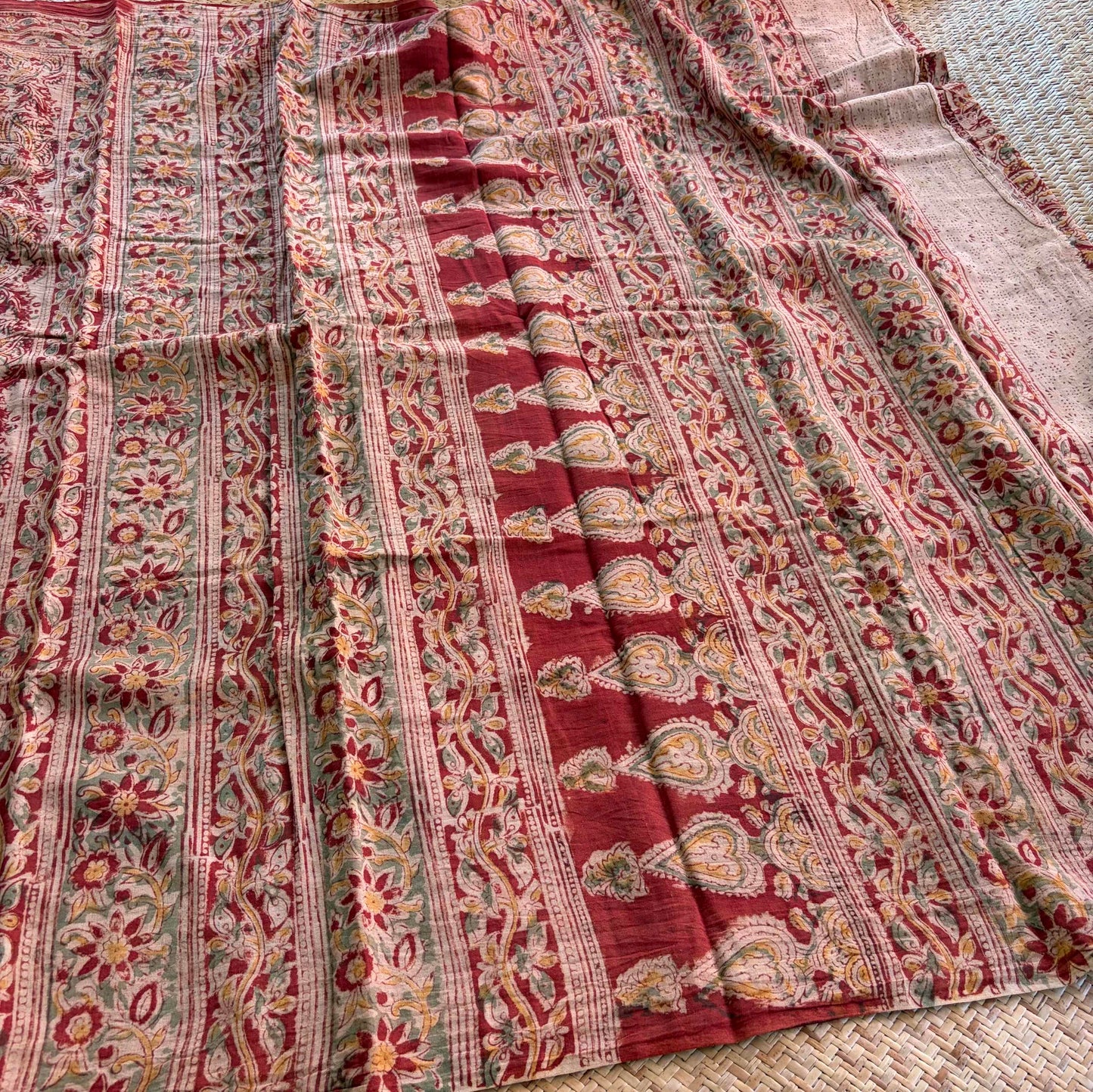 Red, Kalamkari Hand Block Printed Natural dye, Mul cotton saree