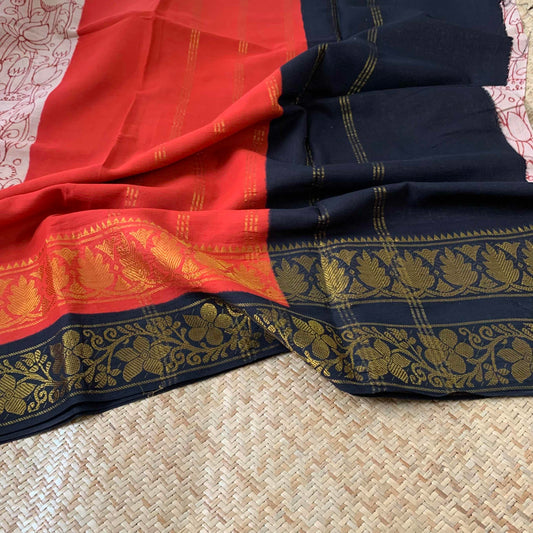 Red Kalamkari Hand Painted on a Madurai Double Border Sungudi Cotton saree.