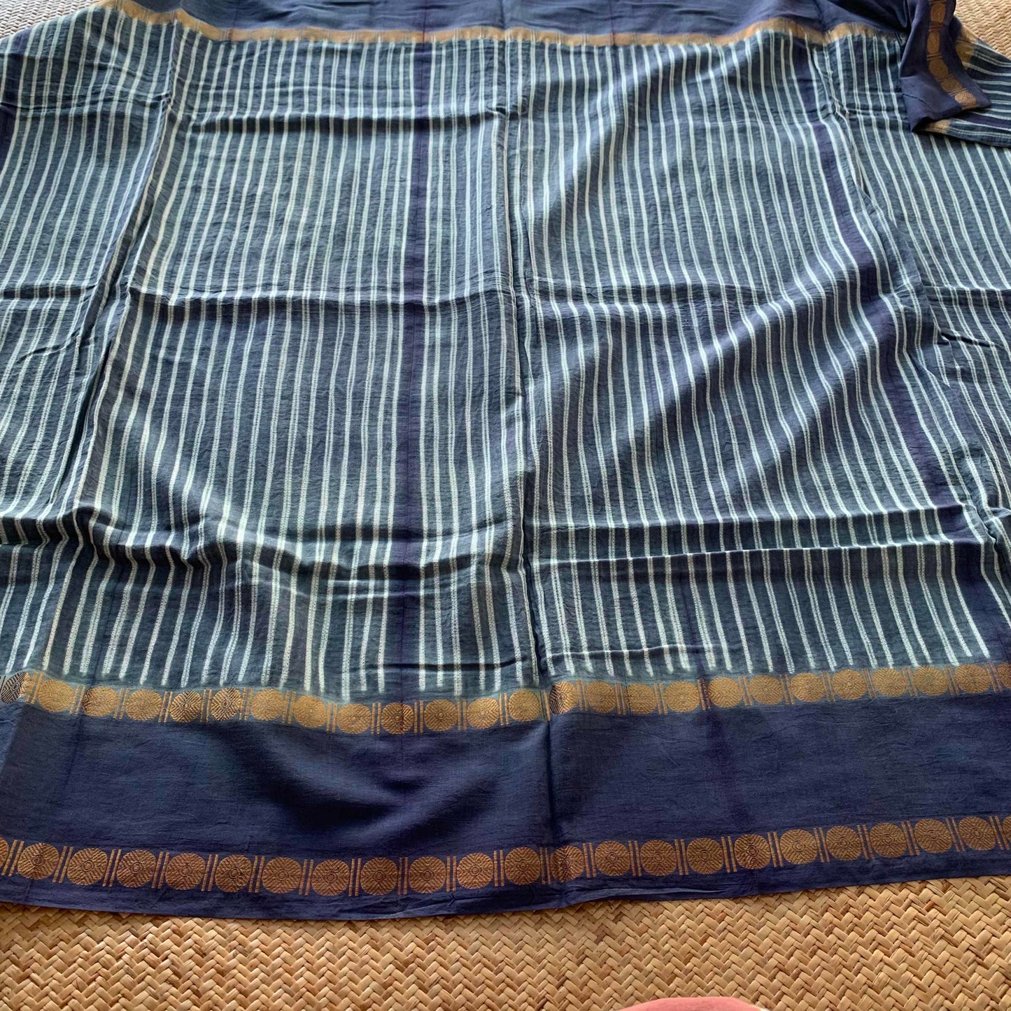 Lines - Denim Blue, Hand Crafted Shibori Sungudi Cotton Saree