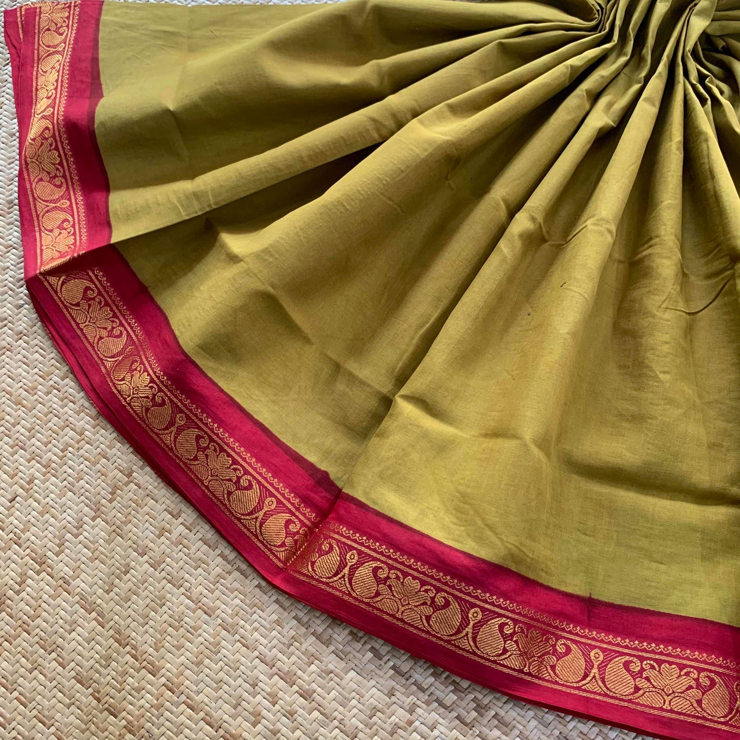 Green Saree With Red Half Fine Zari Border, Clamp dyed (Kattu sayam).