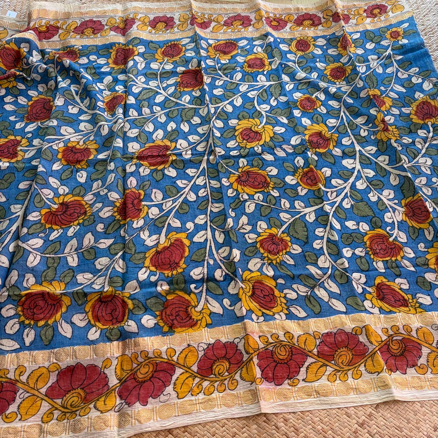 Blue Floral, Kalamkari Hand Painted on a Madurai Sungudi Cotton 1.20 METER FABRIC