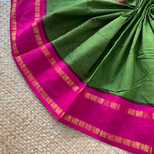 Green Saree With Pink Border, Zari Annam Rettai Pettu Border , Clamp dyed (Kattu sayam).