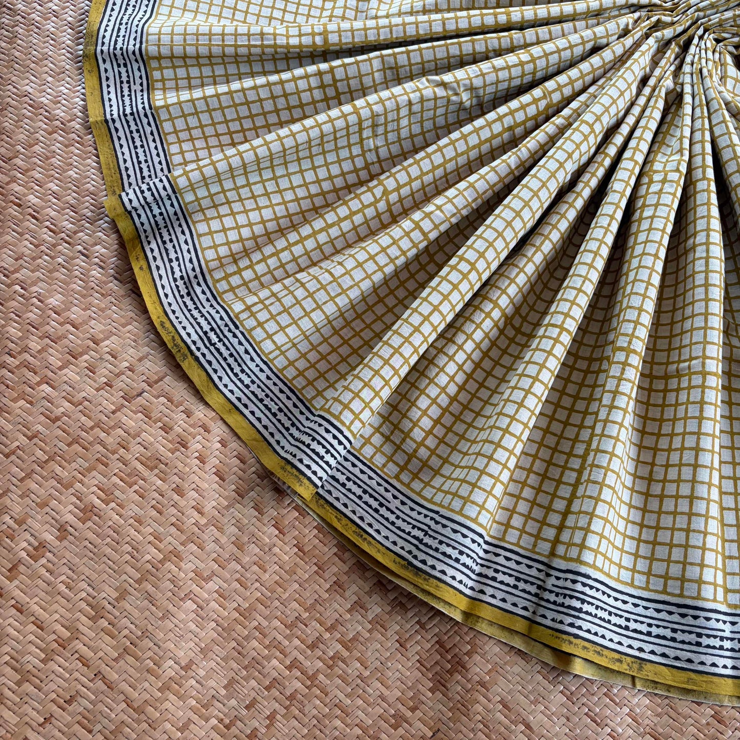 Mul Mul Cotton saree, Hand Block Printed, Mustard