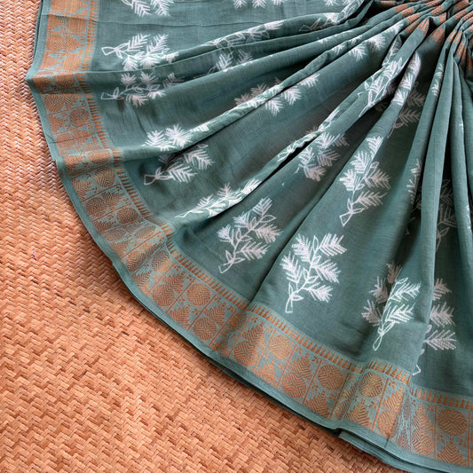 Pastel Sage Green, Hand Crafted Nui Shibori Sungudi Cotton Saree