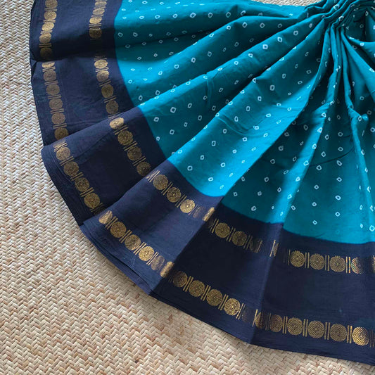 Teal Saree With Navy Border, Hand knotted Sungudi On a Rudraksham Border Cotton saree, Kaikattu Sungadi