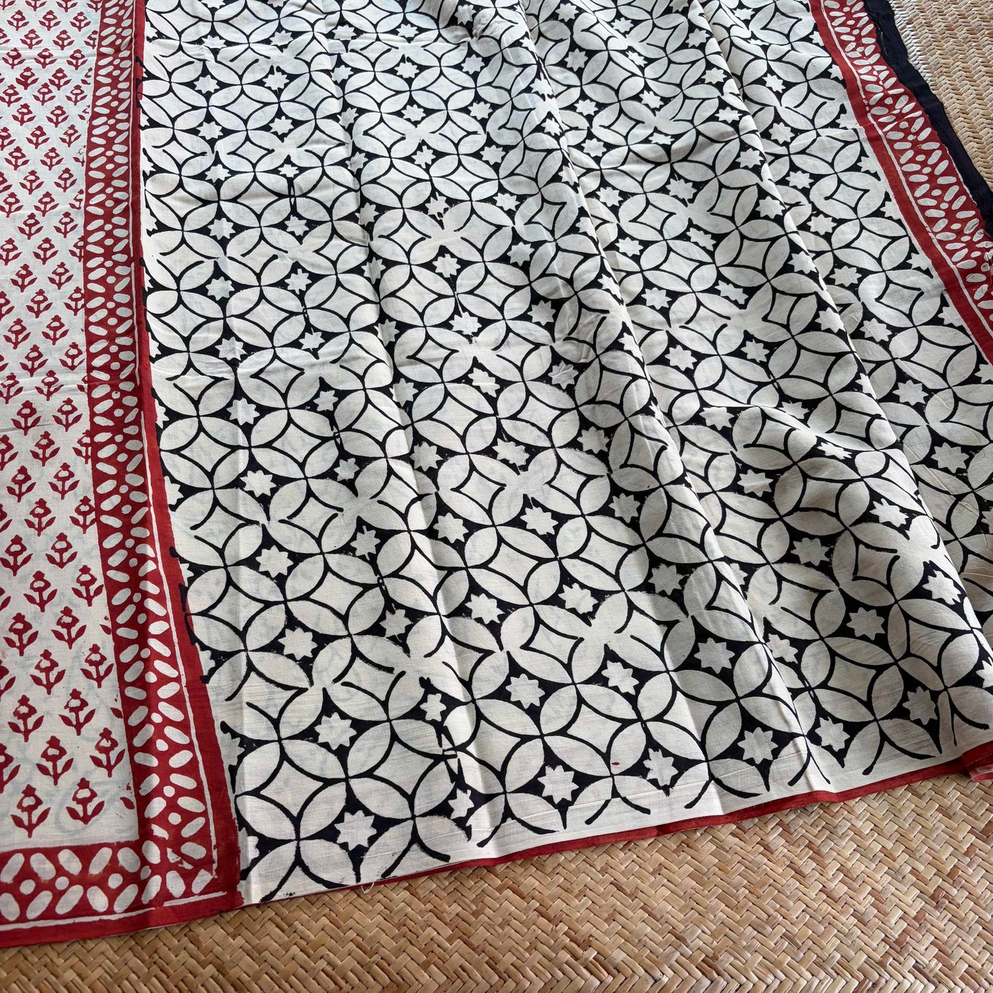 Mul Mul Cotton saree, Hand Block Printed, Cream