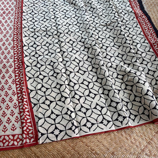 Mul Mul Cotton saree, Hand Block Printed, Cream