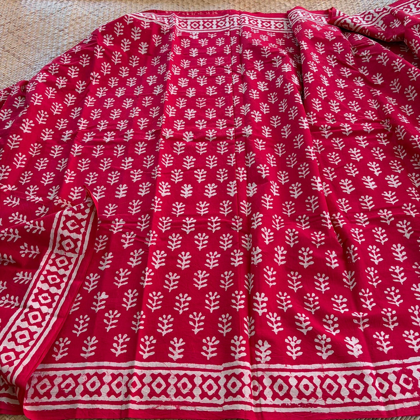 Mul Mul Cotton saree, Hand Block Printed, Red