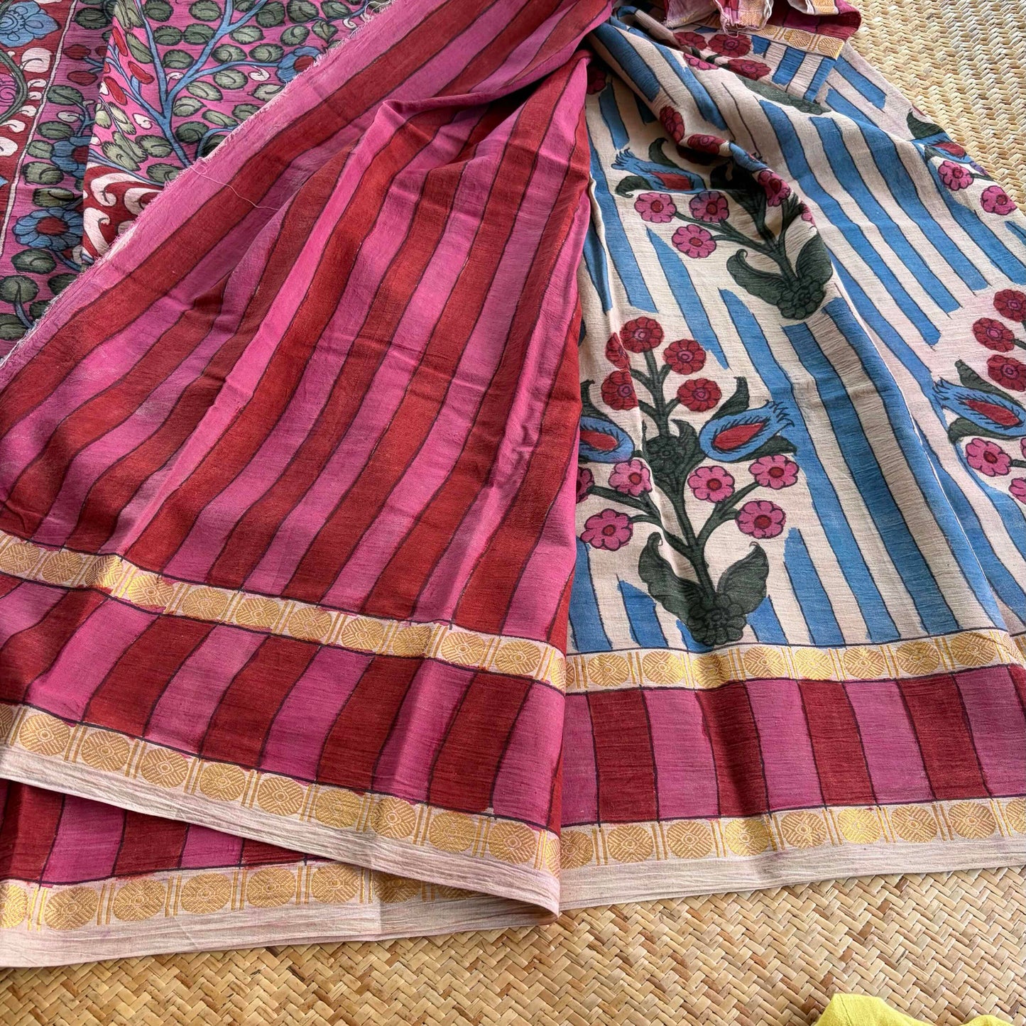 Cream, Kalamkari Hand Painted on Cotton Sungudi Saree With Blouse