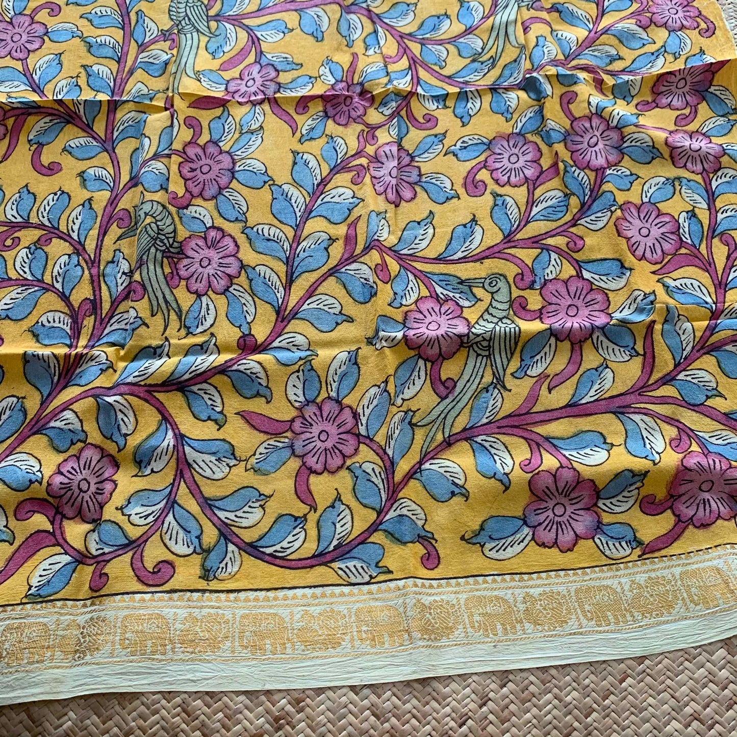 Yellow Floral, Kalamkari Hand Painted on a Madurai Sungudi Cotton BLOUSE