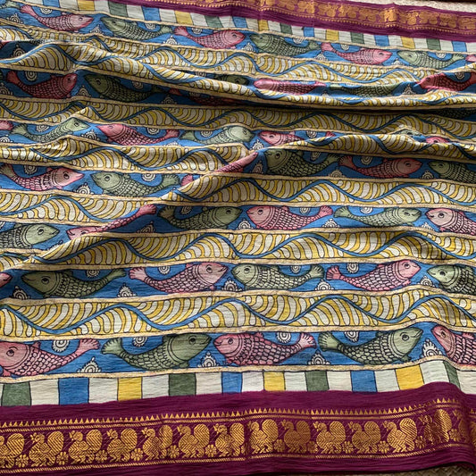 Multicoloured Kalamkari Hand Painted on a Madurai Velthari Sungudi Cotton saree.