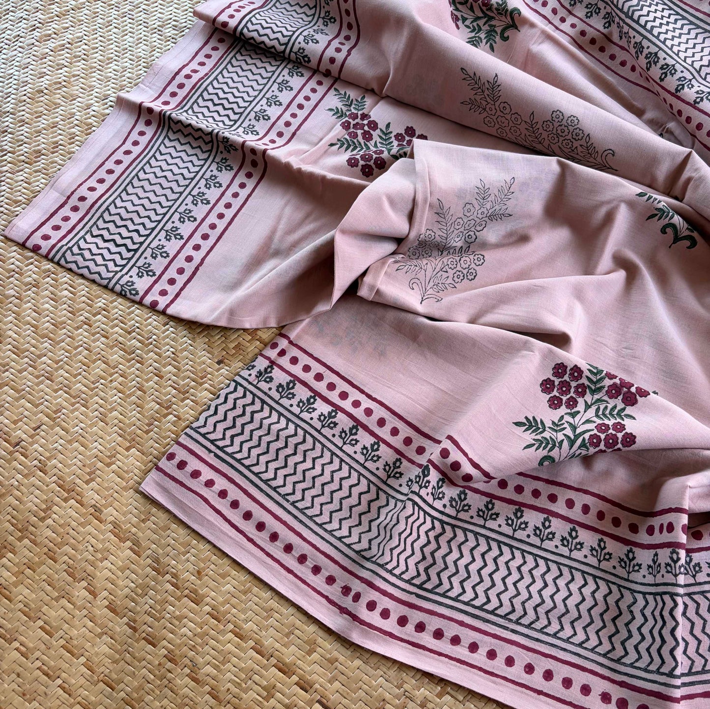 Mul Mul Cotton saree, Hand Block Printed, Dusty Rose